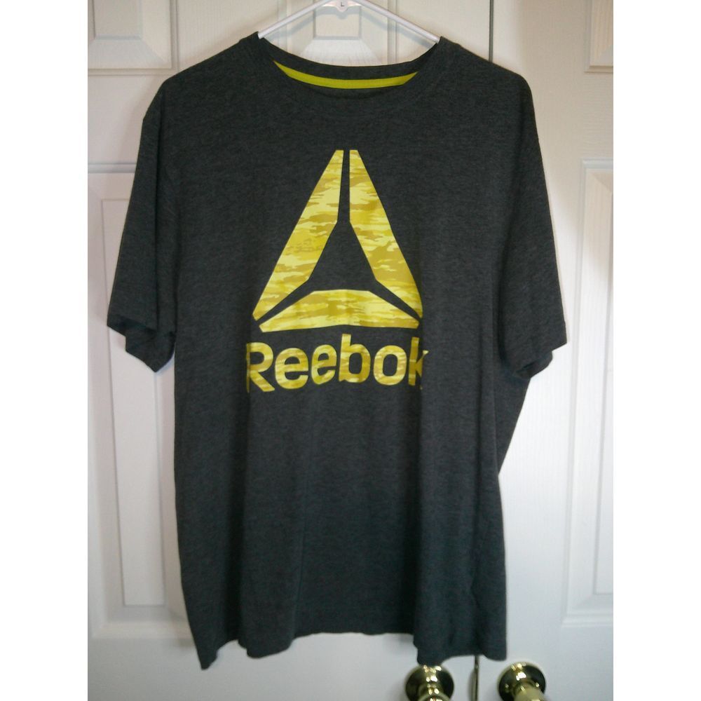 Vintage Reebok Men's Athletic‎ Logo T-Shirt Workout Gym Sport Charcoal Yellow